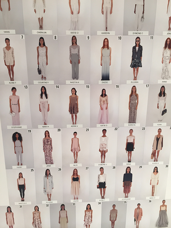 The charts backstage to help the dressers get each model into the correct looks.