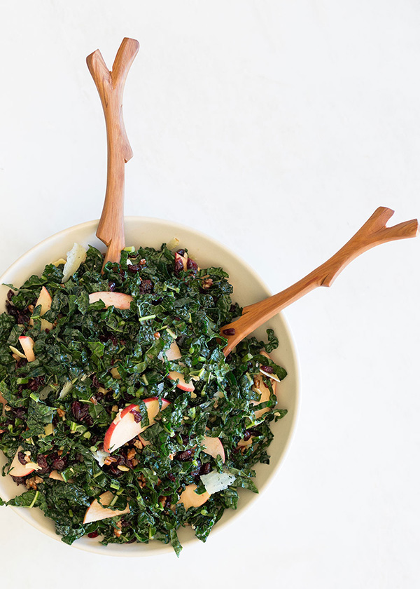 Tuscan Kale Salad with White Cheddar, Apples, Pecans and Cranberry Orange Vinaigrette