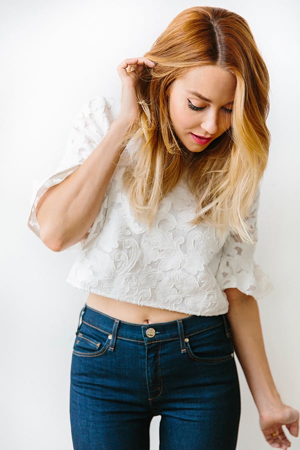 flared jeans and lace top on lauren conrad