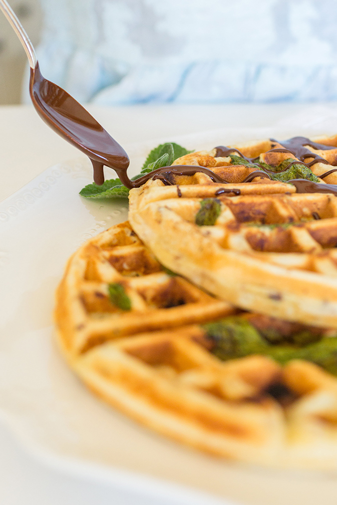 Mint chip Belgian waffles with chocolate drizzle