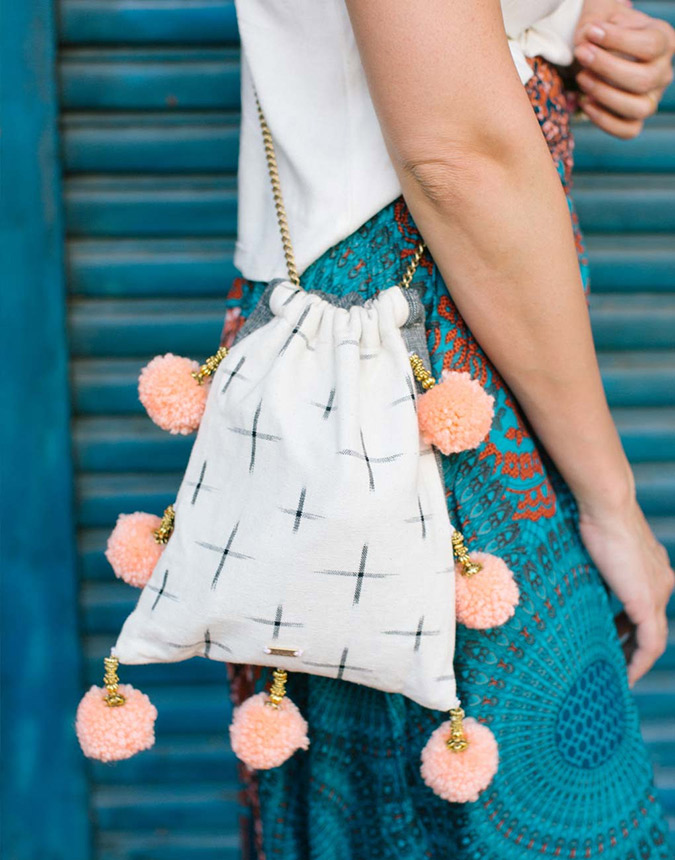 Ikat White Pom Pom Bag