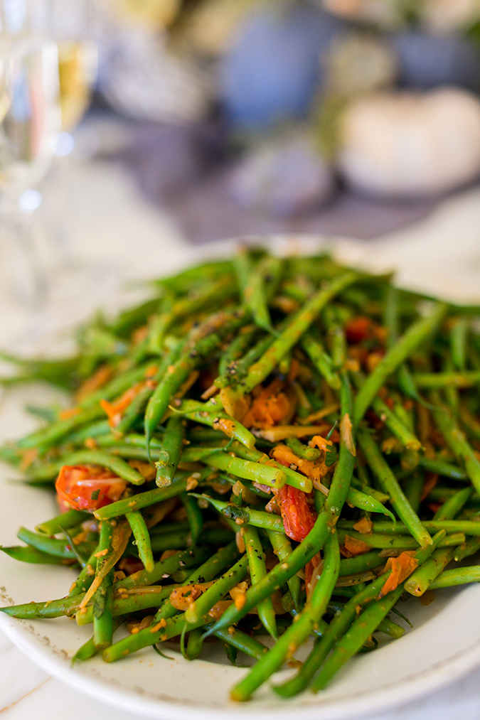 Haricot Vert with Tomato Romesco and Charred Shallots