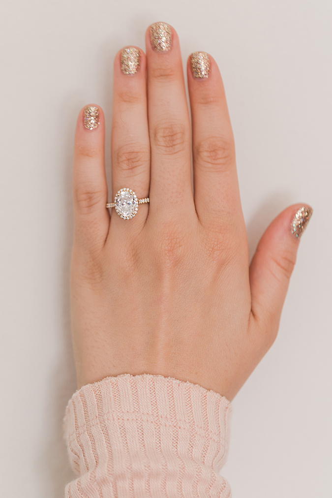 The prettiest oval engagement ring + gold glitter mani