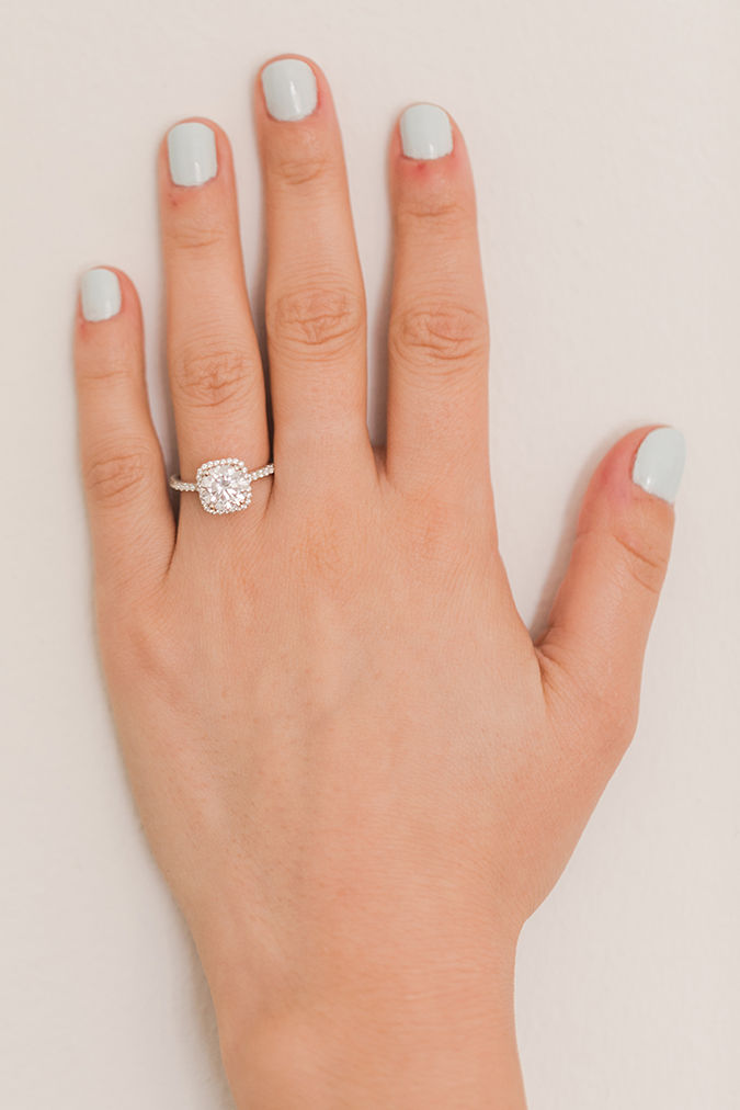 Icy blue mani + James Allen engagement ring