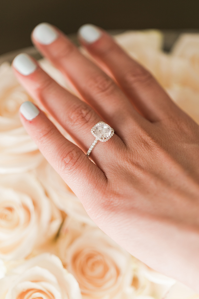 The softest blue hue mani + a cushion cut engagement ring