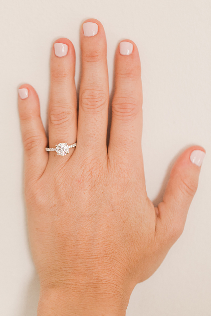 Pave band engagement ring + pale pink mani