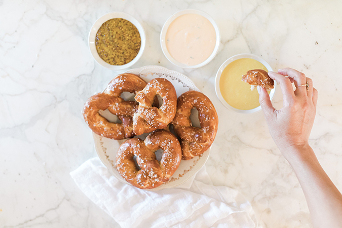 Salty NY pretzel recipe with dipping sauces