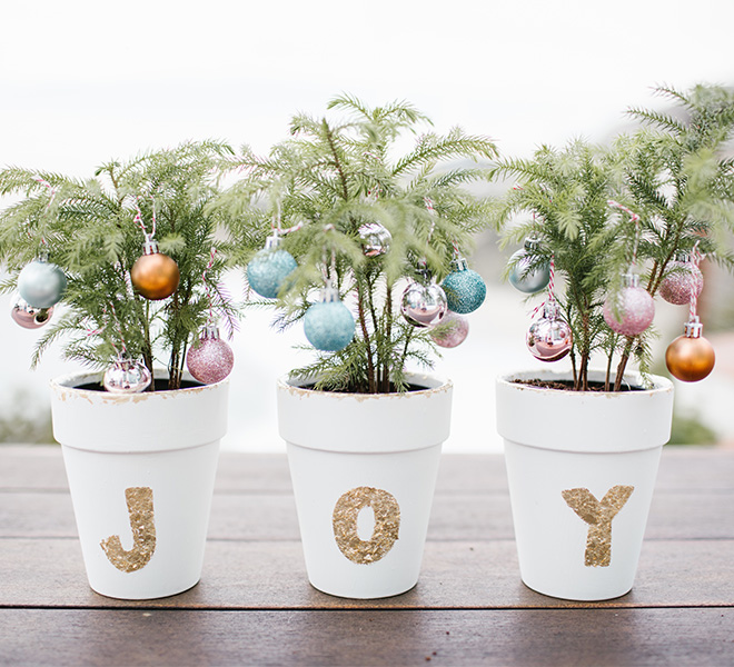 Inspired Idea: Mini Trees with DIY Gold Leaf Terra Cotta Pots