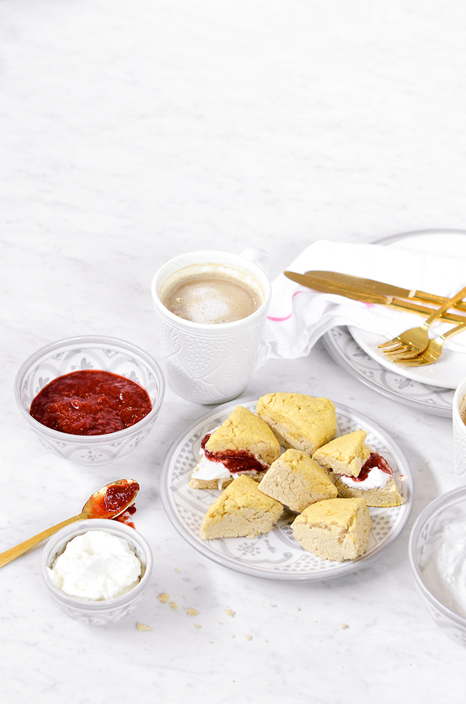 sweet laurel scones with coconut creme and sweet berry jam via laurenconrad.com