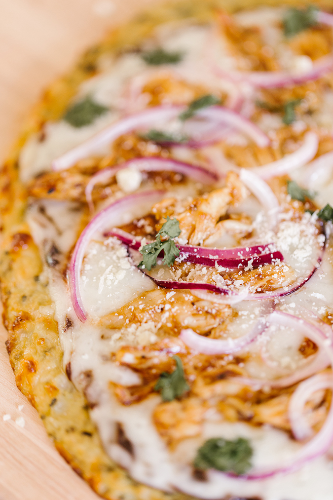 cauliflower crust BBQ chicken pizza recipe via laurenconrad.com