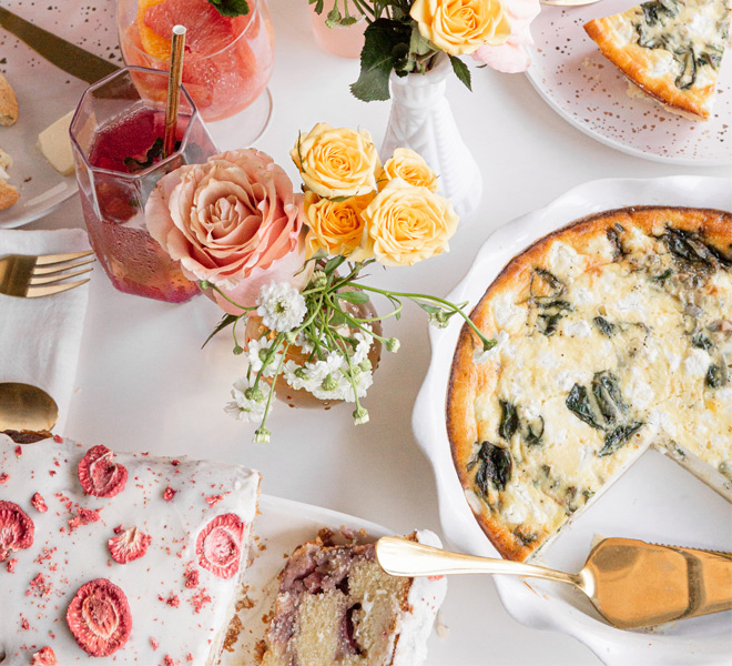 A Mother’s Day Spread With Strawberry Muffin Loaf, Shallot and Spinach Goat Cheese Quiche, and Rosé Sangria