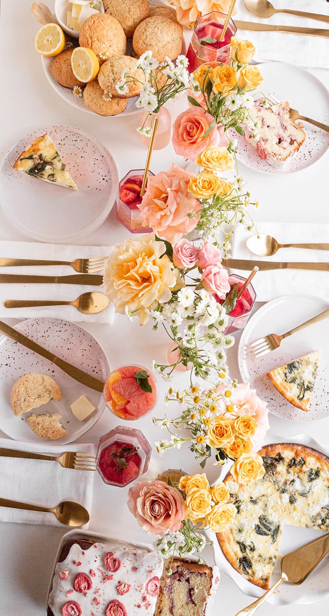 A Mother’s Day Spread With Strawberry Muffin Loaf, Shallot and Spinach Goat Cheese Quiche, and Rose Sangria