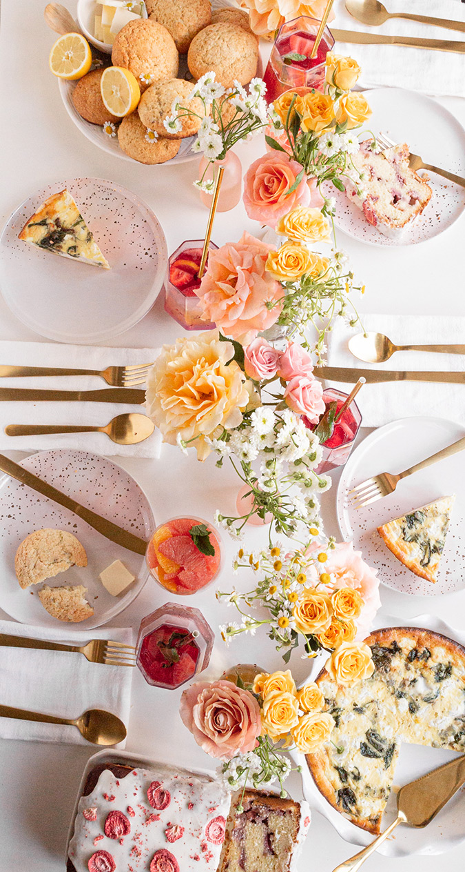 A Mother’s Day Spread With Strawberry Muffin Loaf, Shallot and Spinach Goat Cheese Quiche, and Rose Sangria