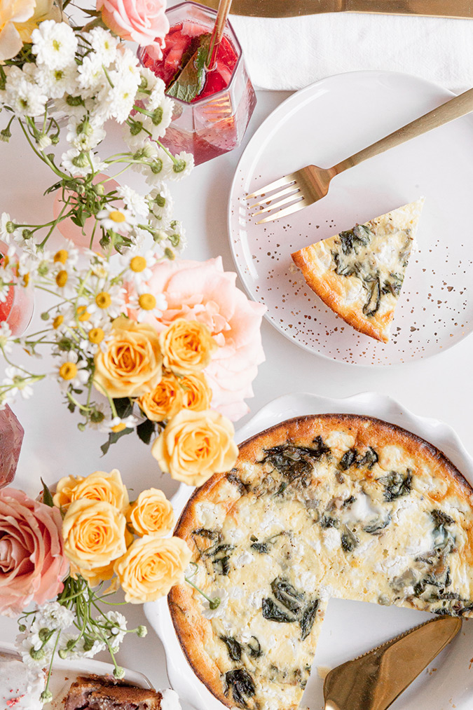 A Mother’s Day Spread With Strawberry Muffin Loaf, Shallot and Spinach Goat Cheese Quiche, and Rose Sangria