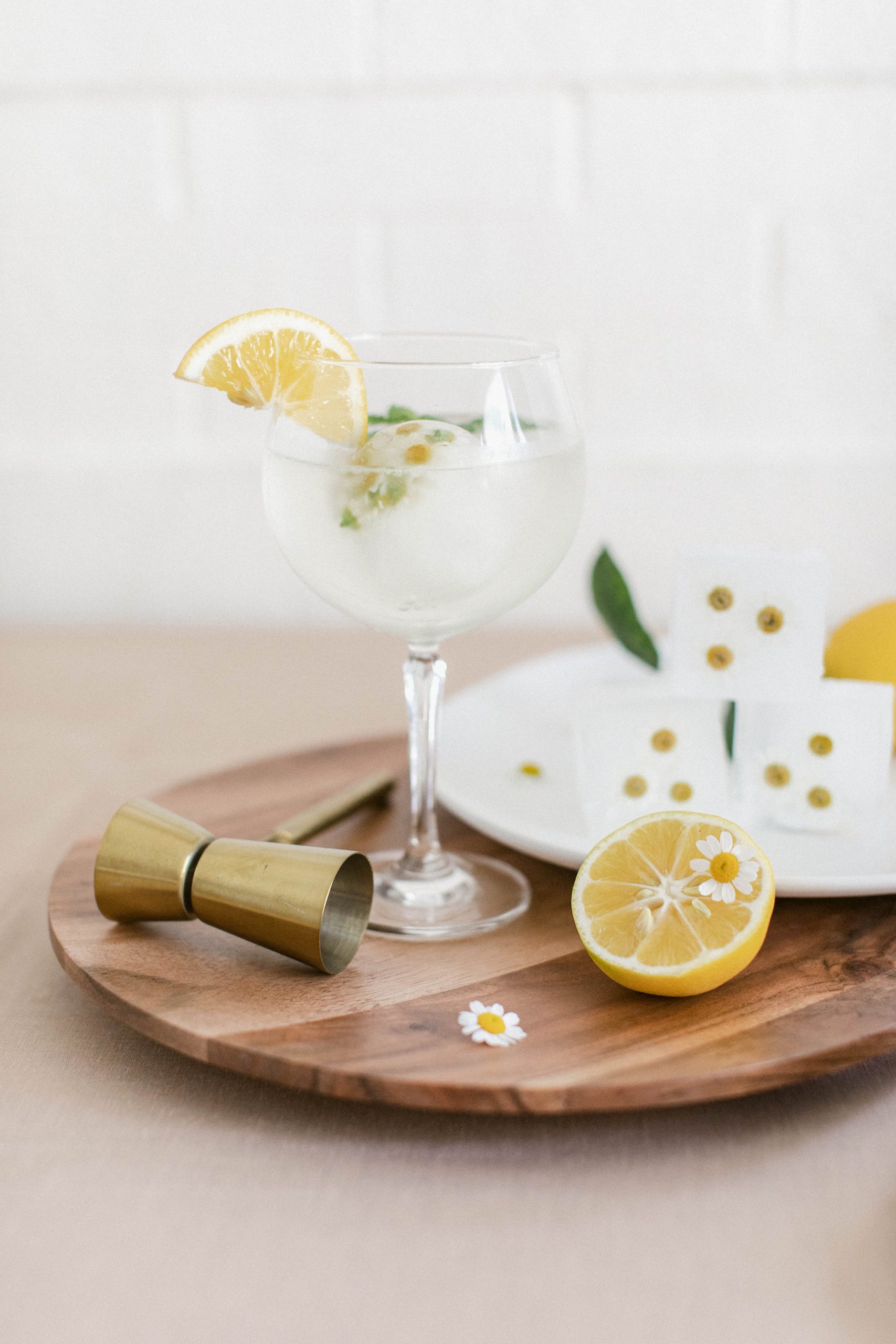 Fresh Lemon and Mint Gin and Tonics With Chamomile Ice Cubes